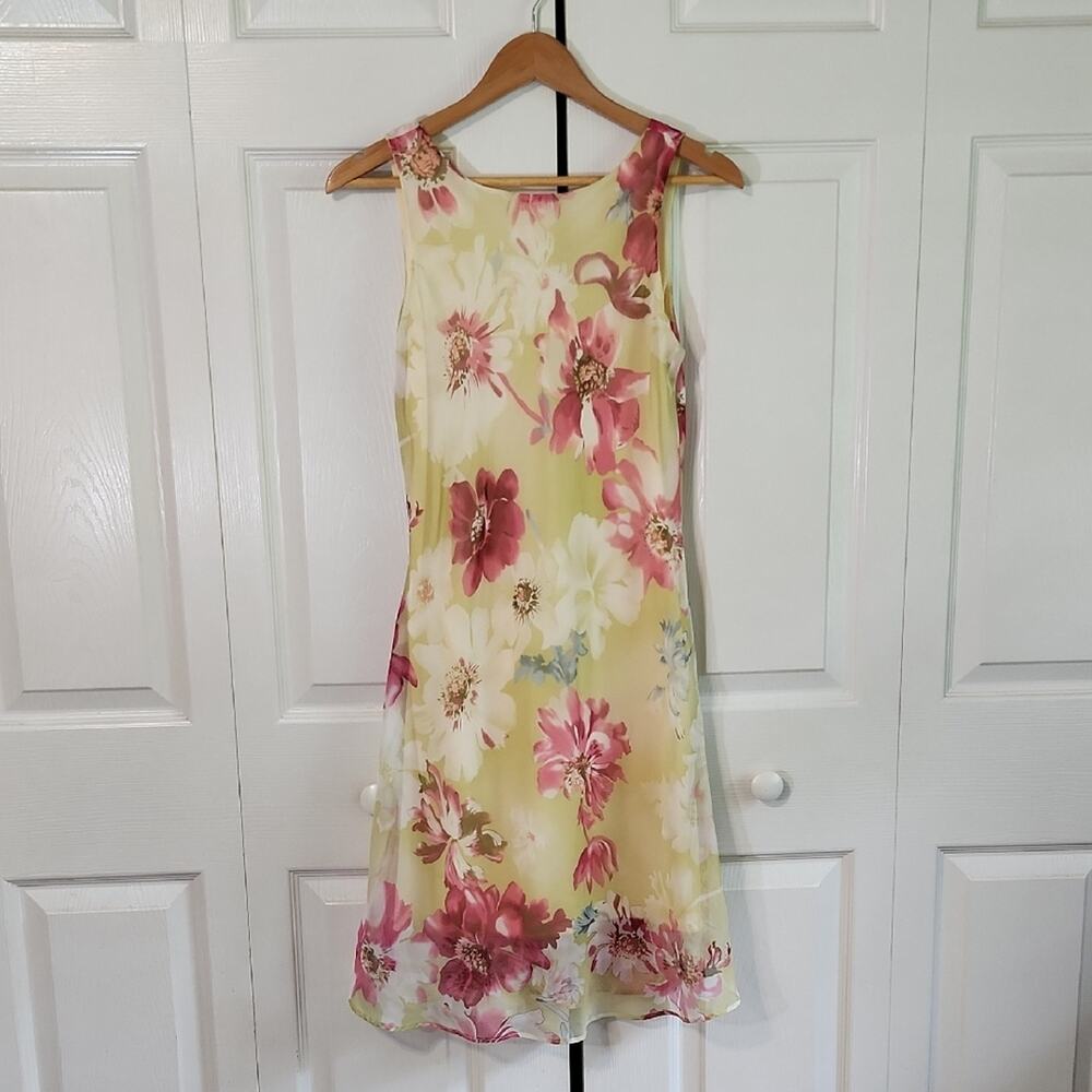 Vintage Alyn Paige Yellow‎ Floral Dress Size SM Sheer Overlay Y2K 90s Sleeveless